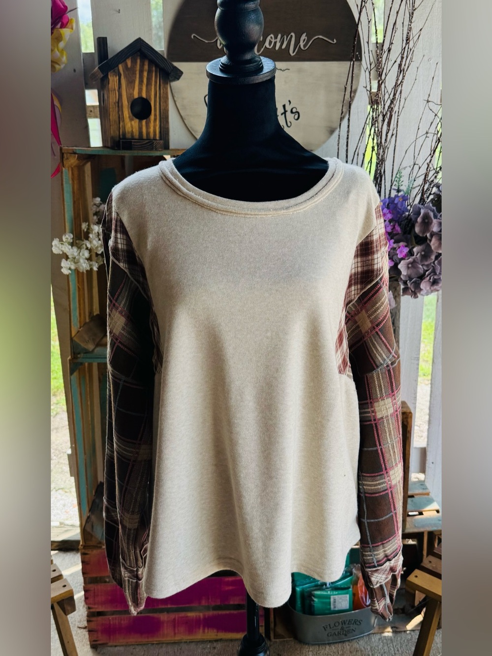 Cozy Oatmeal Knit Sweater with Plaid Sleeve Detail - New In